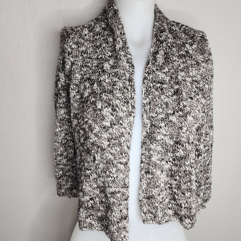 EILEEN FISHER Peat Linen Cotton Slub Speckle Crop Cardigan Black White M…